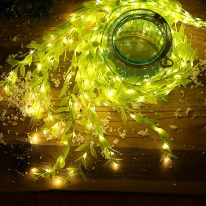 Always-On Willow Light – Imitation Leaf Decorative Wrought Iron Basket with Copper Wire LED String (Battery Powered)
