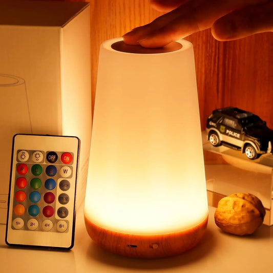 Lámpara de noche RGB recargable por USB con control remoto táctil y 13 colores, regulable, portátil, para mesa o mesilla.